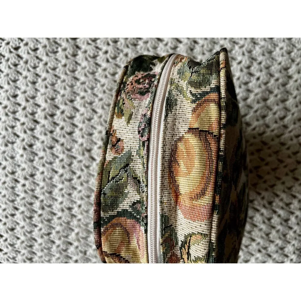 Vintage 90s Needlepoint Toiletry Bag Fruit Print Neutral Cottagecore
